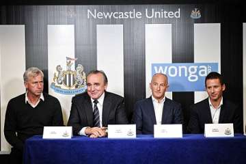 Alan Pardew, Derek Llambias and Wonga. Alan Pardew, Derek Llambias and Wonga.